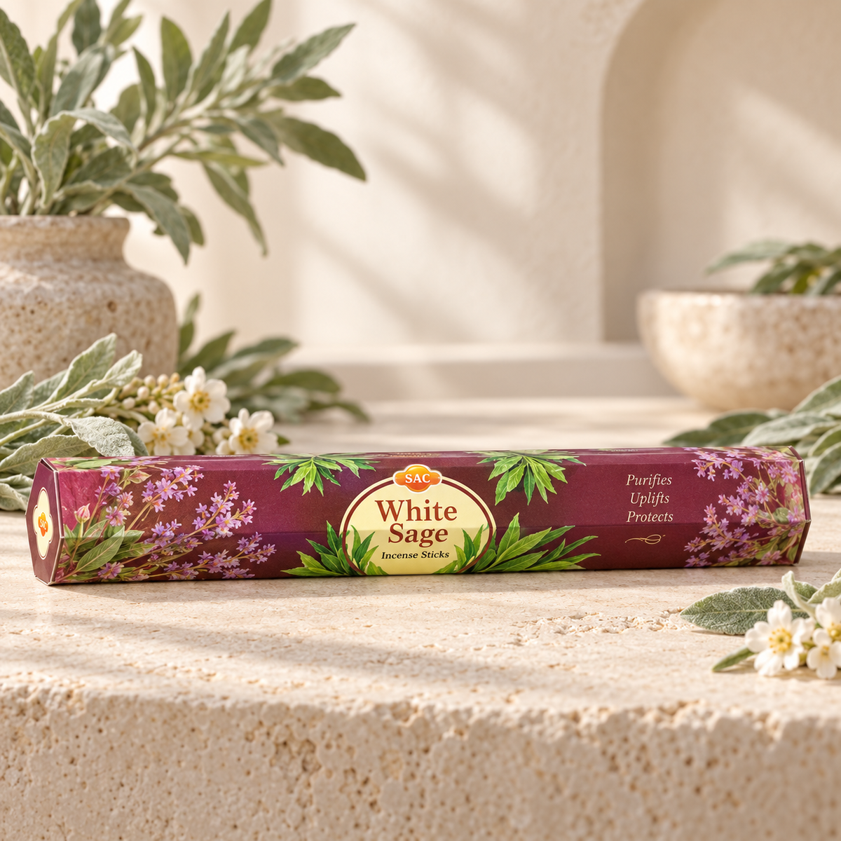 SAC White Sage incense, 20 sticks, displayed horizontally with sage on warm ivory stone