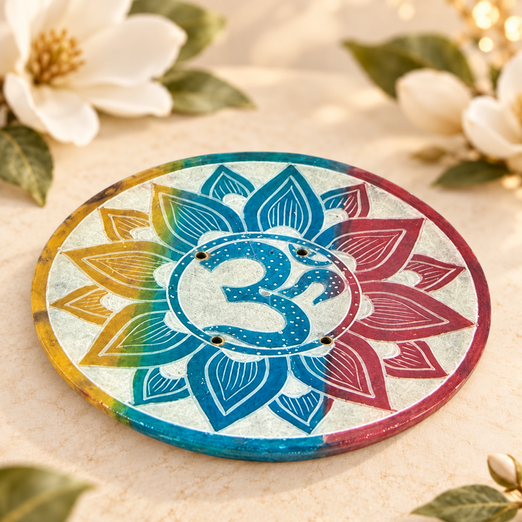 Multicolor Lotus Om Soapstone Incense Plate – 4 Inch