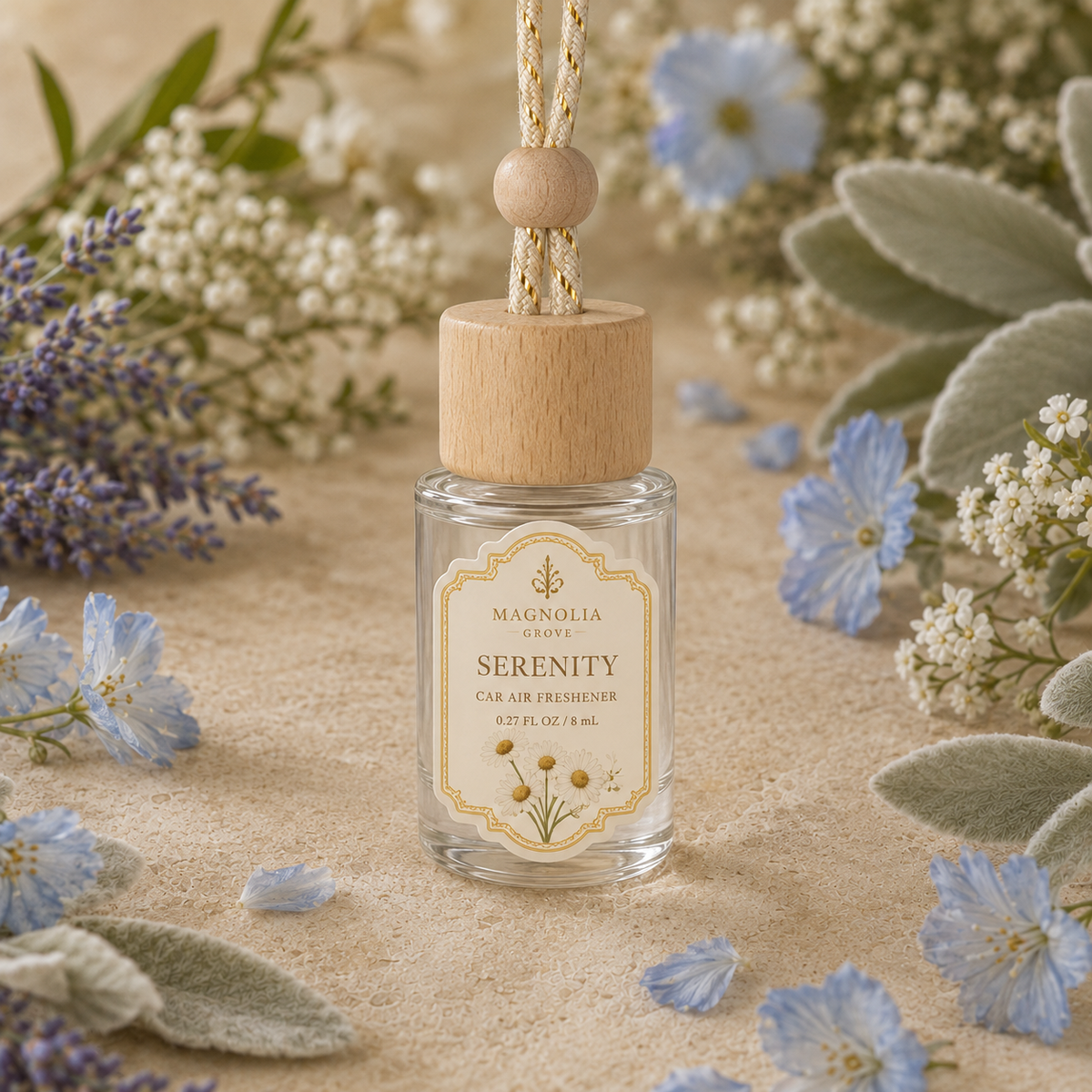 Serenity Car Air Freshener — 8 mL glass bottle with wood cap