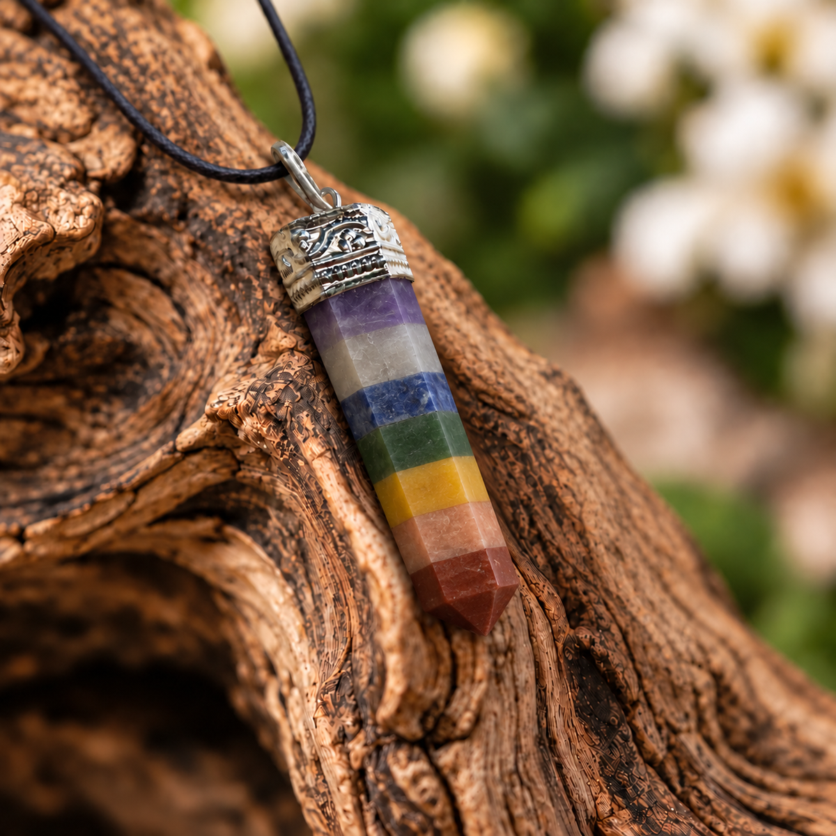 Seven Chakra pencil pendant — detail close-up