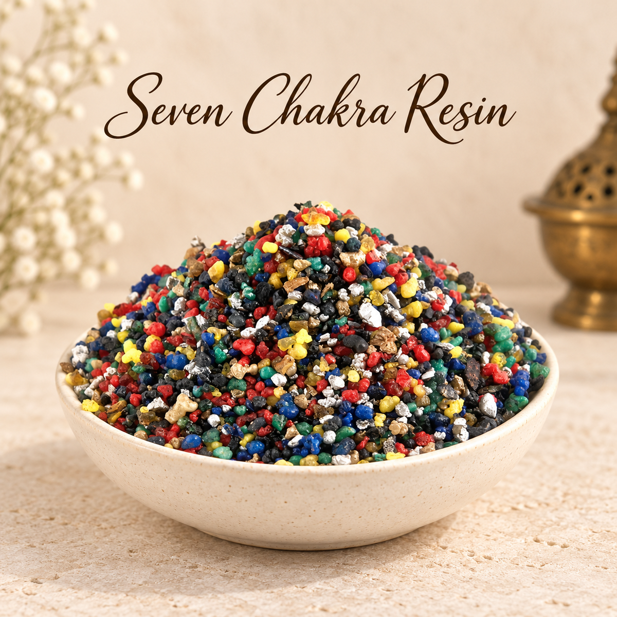 Seven Chakra Resin natural resin incense in an elegant ceramic bowl