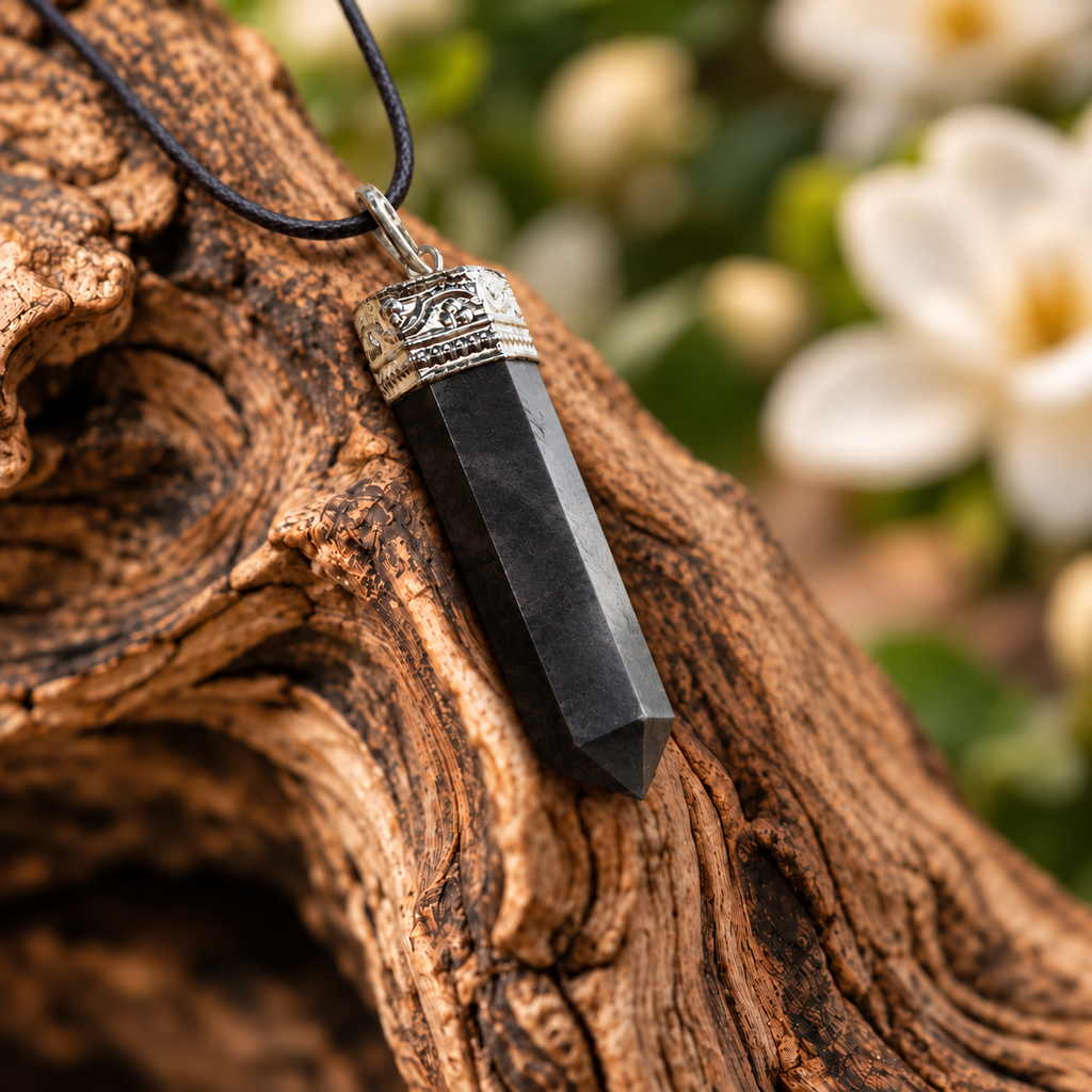 Shungite pencil pendant — detail close-up