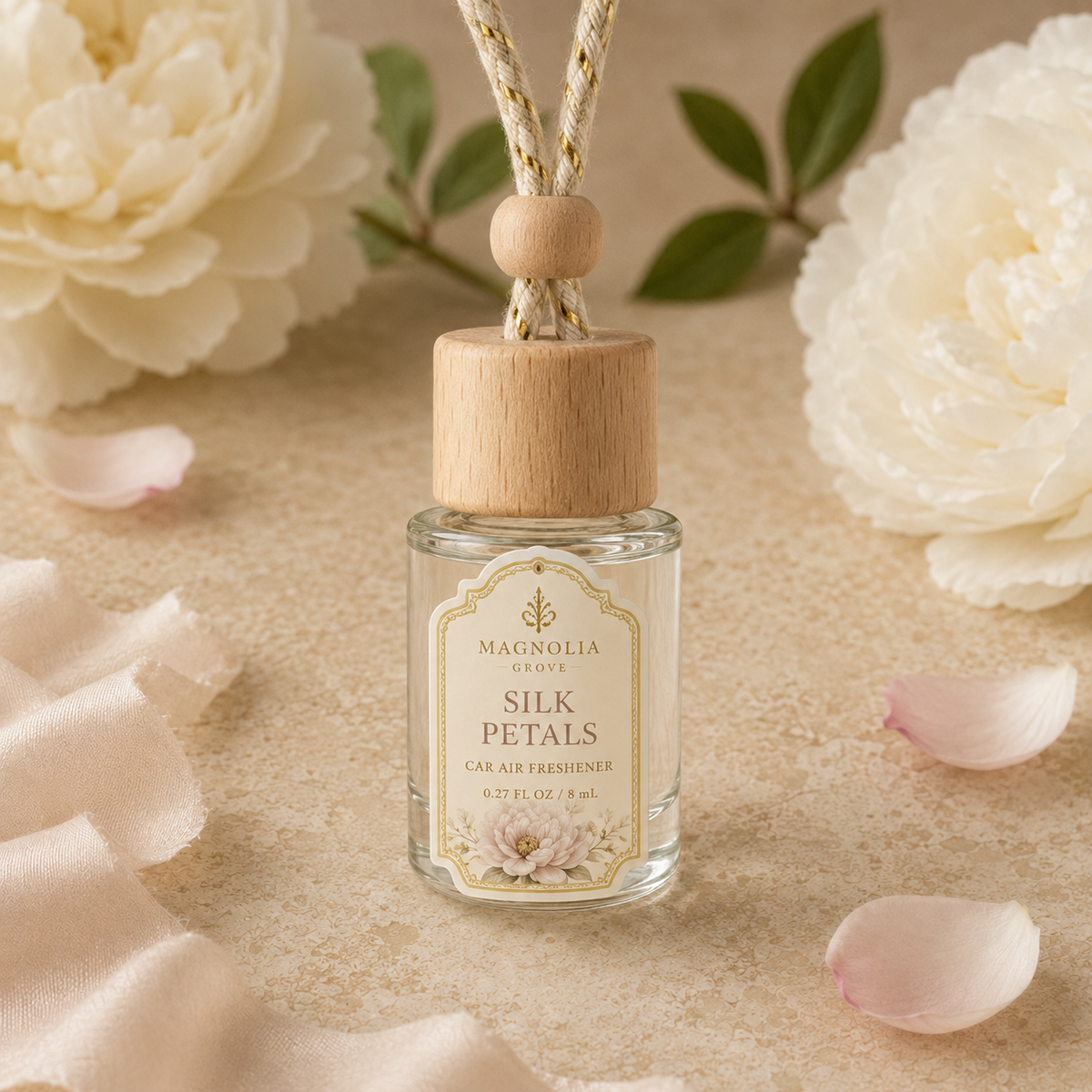Silk Petals Car Air Freshener — 8 mL glass bottle with wood cap