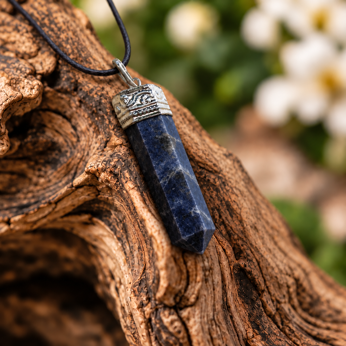Sodalite pencil pendant — detail close-up