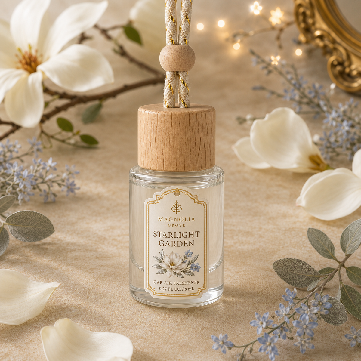 Starlight Garden Car Air Freshener — 8 mL glass bottle with wood cap