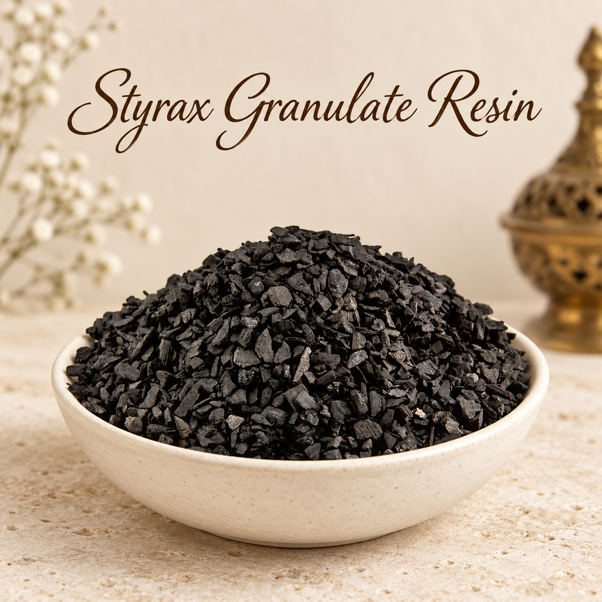 Styrax Granulate Resin natural resin incense in an elegant ceramic bowl