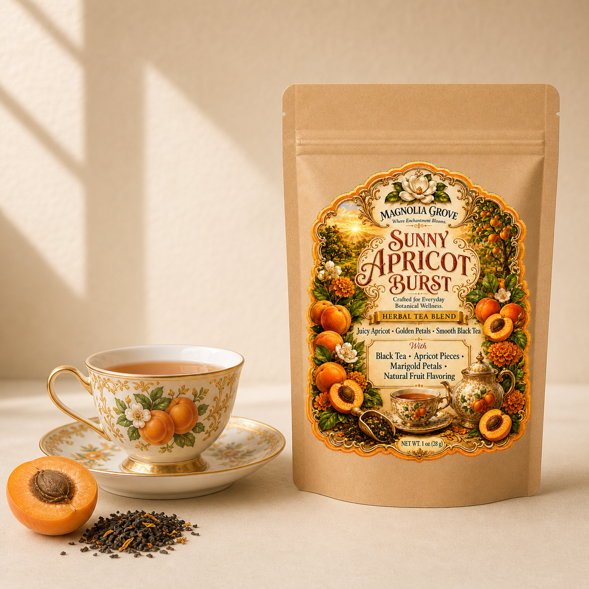 Sunny Apricot Burst loose-leaf black tea in Magnolia Grove pouch