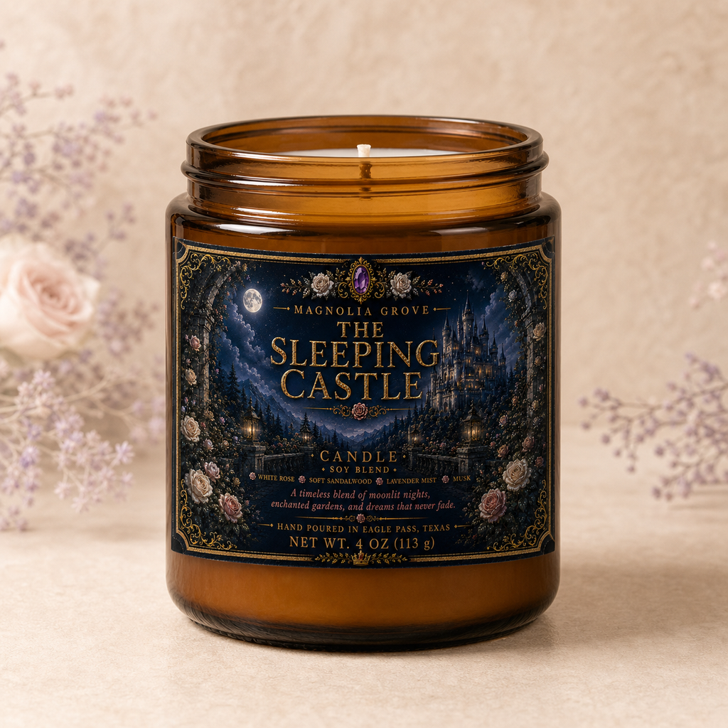 The Sleeping Castle 9 oz soy-blend candle from Magnolia Grove Gifts