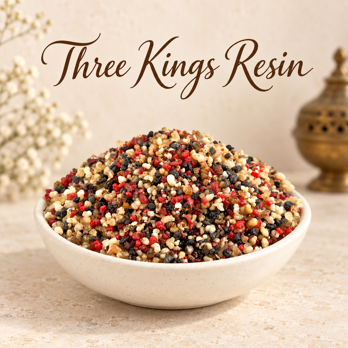 Three Kings Resin natural resin incense in an elegant ceramic bowl