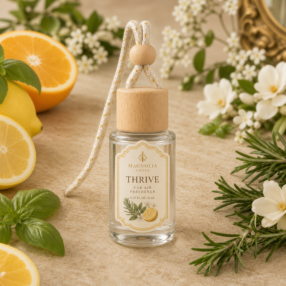 Thrive Car Air Freshener — 8 mL glass bottle with wood cap