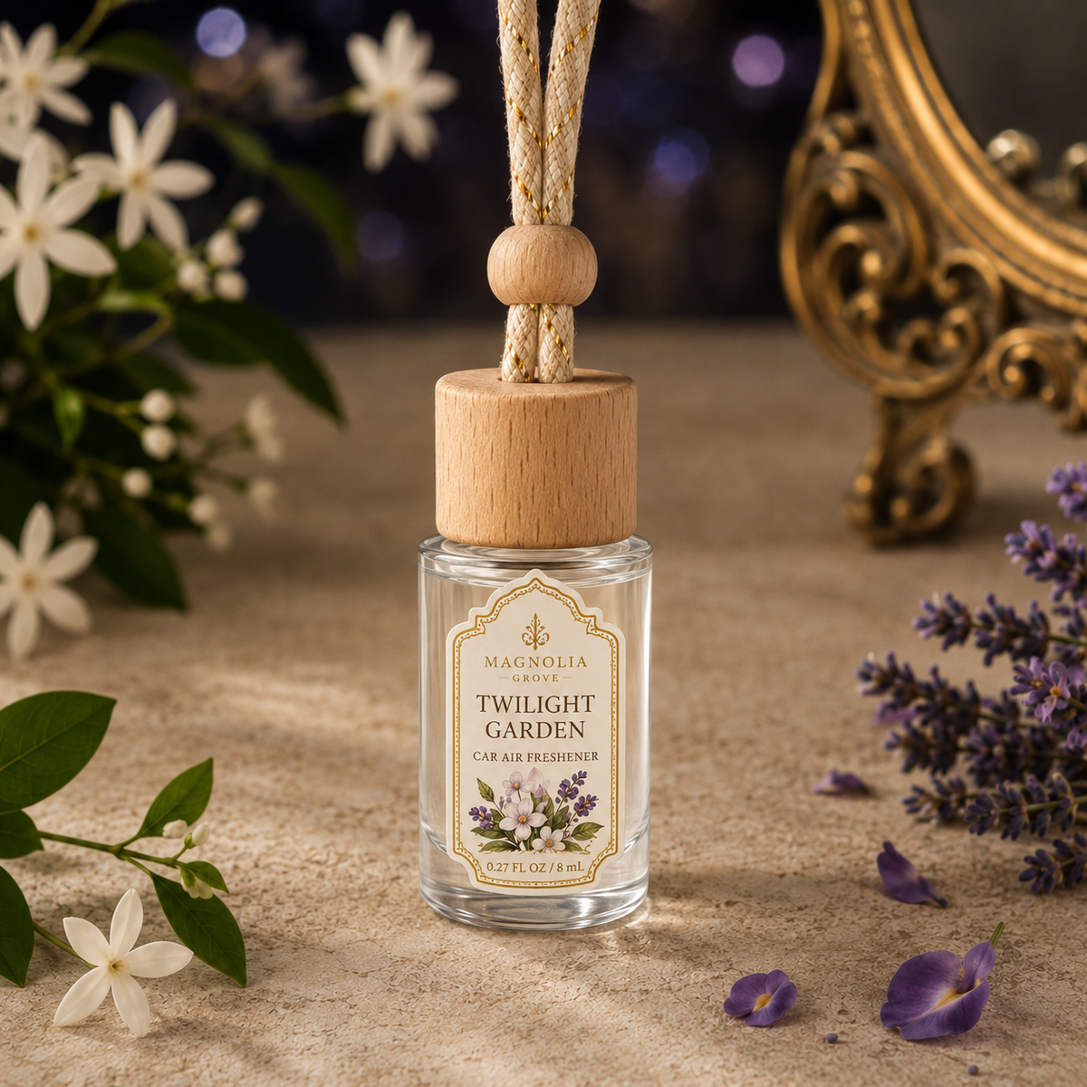 Twilight Garden Car Air Freshener — 8 mL glass bottle with wood cap
