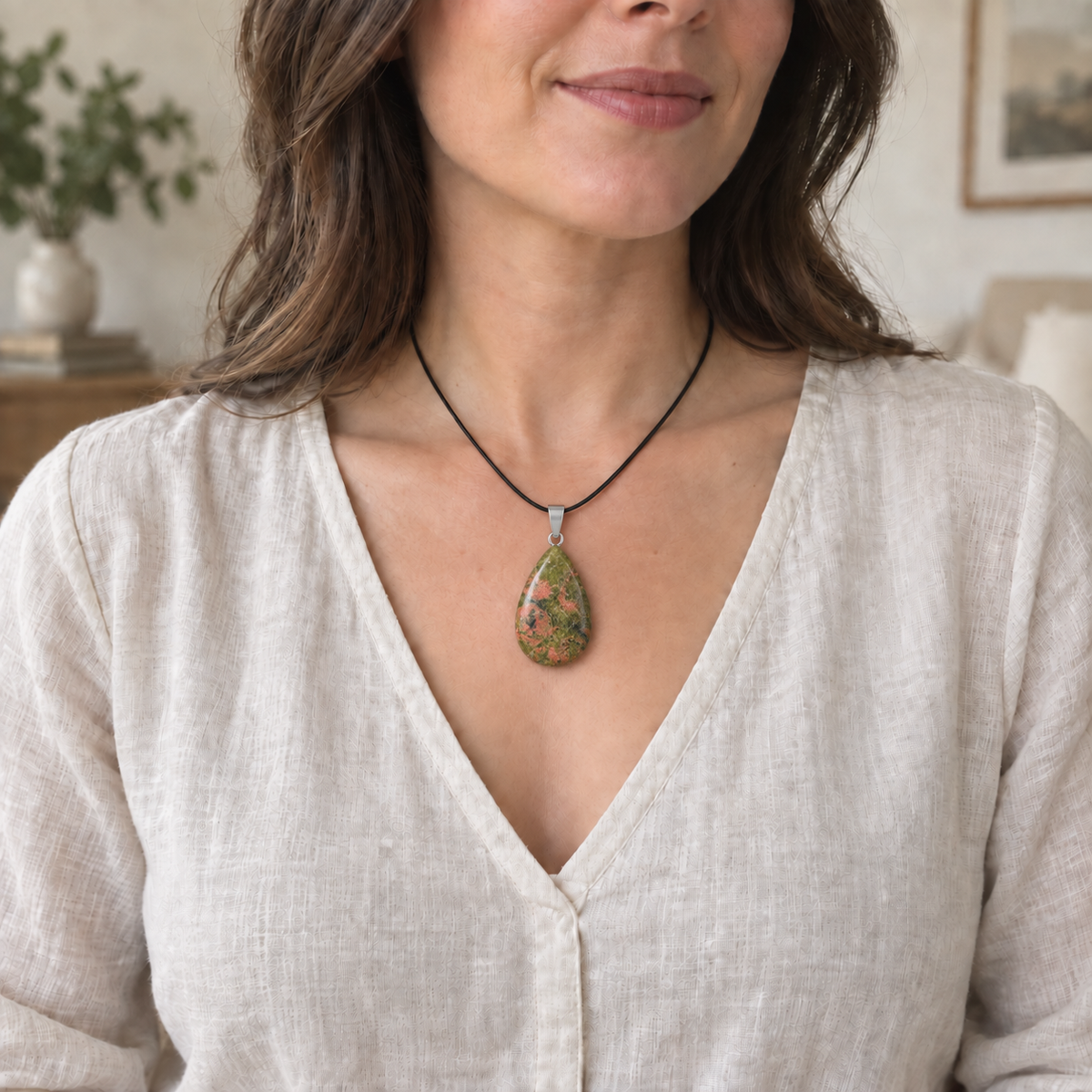 Unakite drop pendant — lifestyle