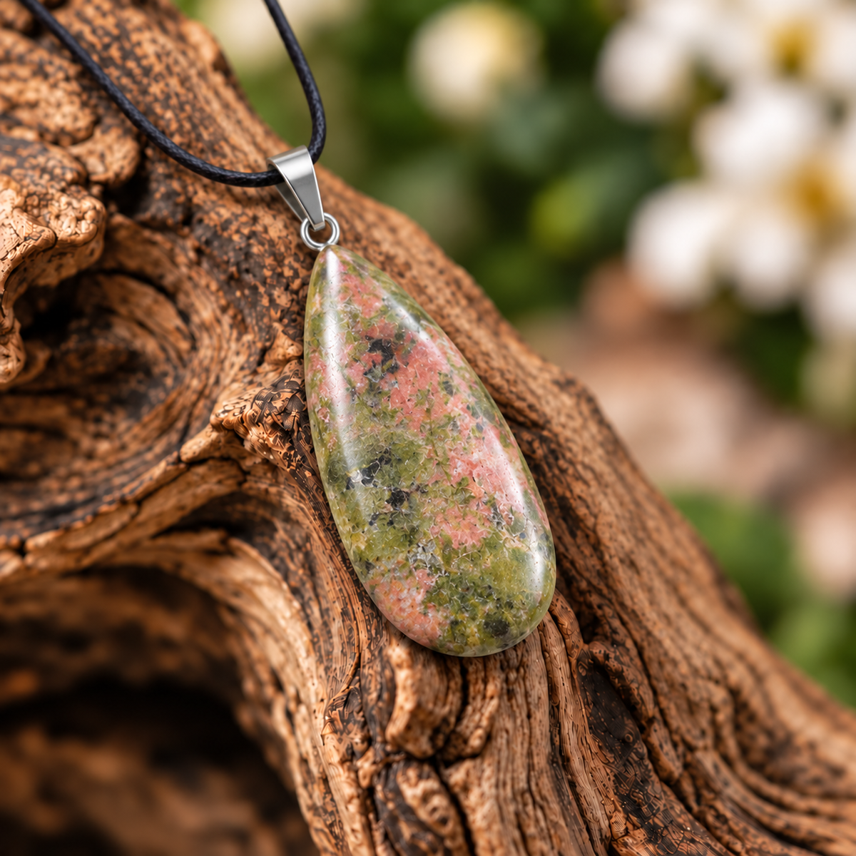 Unakite drop pendant — closeup
