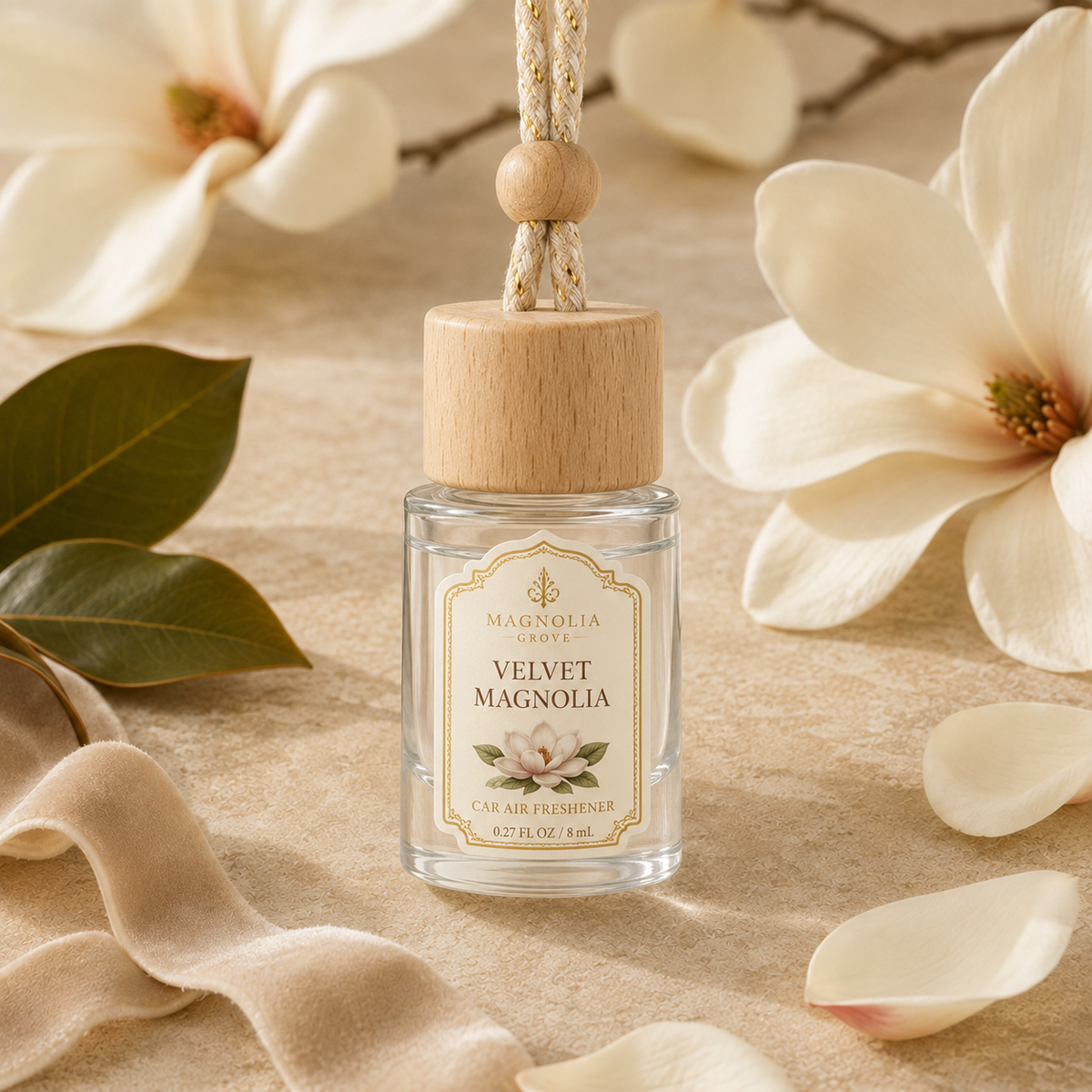 Velvet Magnolia Car Air Freshener — 8 mL glass bottle with wood cap