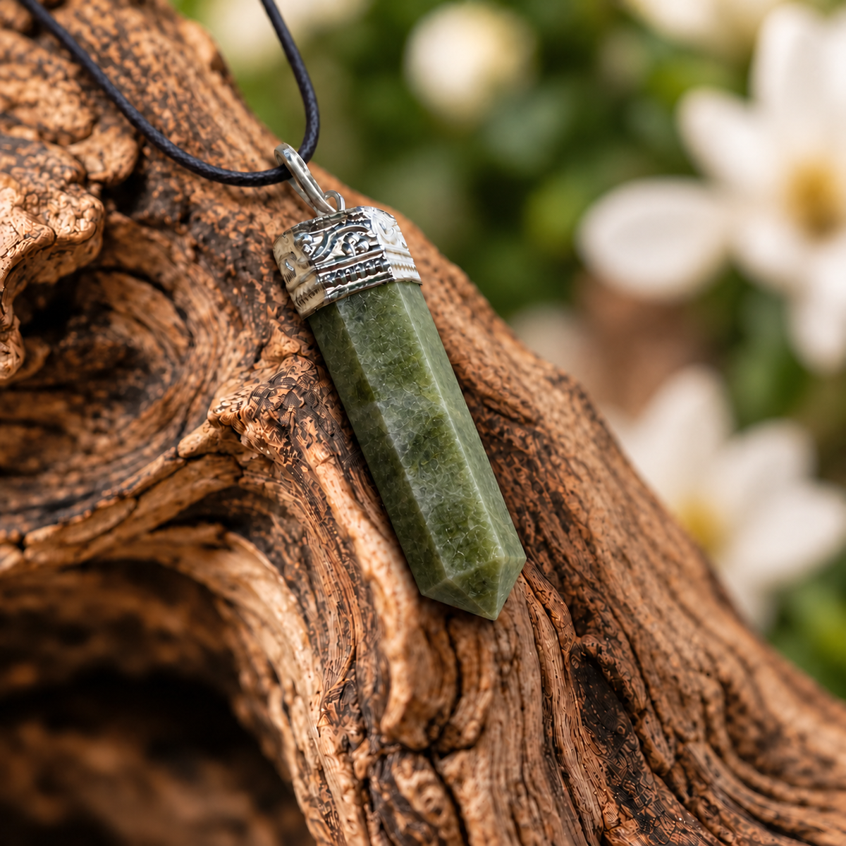 Vessonite pencil pendant — detail close-up