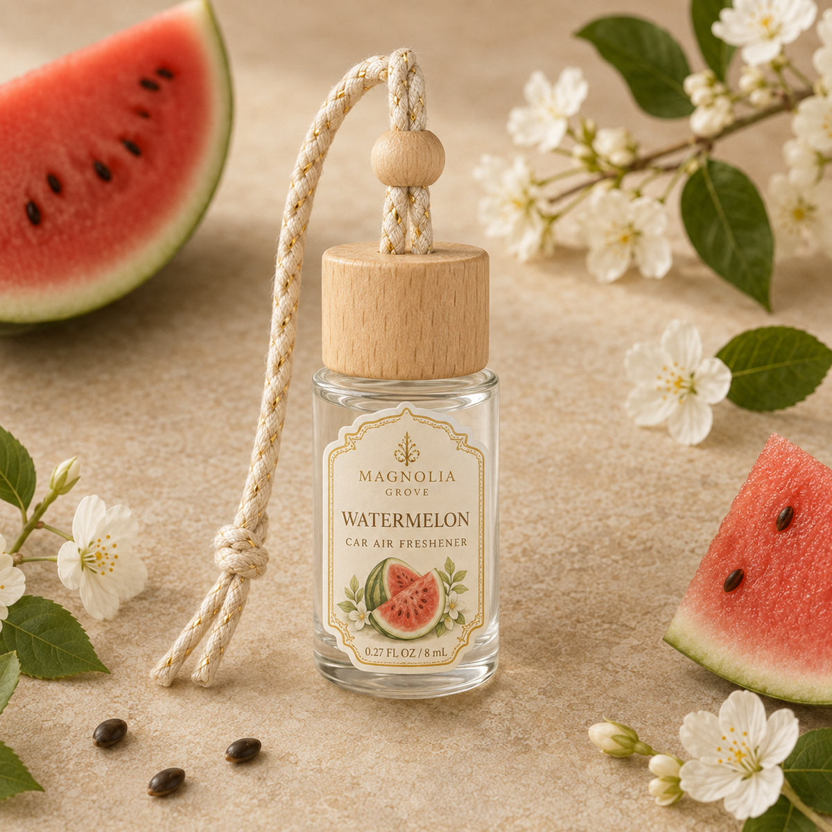 Watermelon Car Air Freshener — 8 mL glass bottle with wood cap