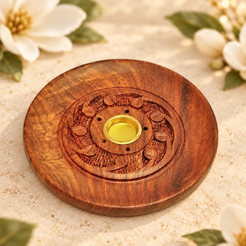 Brass-Center Wooden Incense Plate Burners – Set of 6, 4 Inch