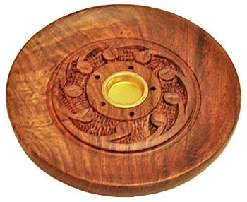 Brass-Center Wooden Incense Plate Burners – Set of 6, 4 Inch