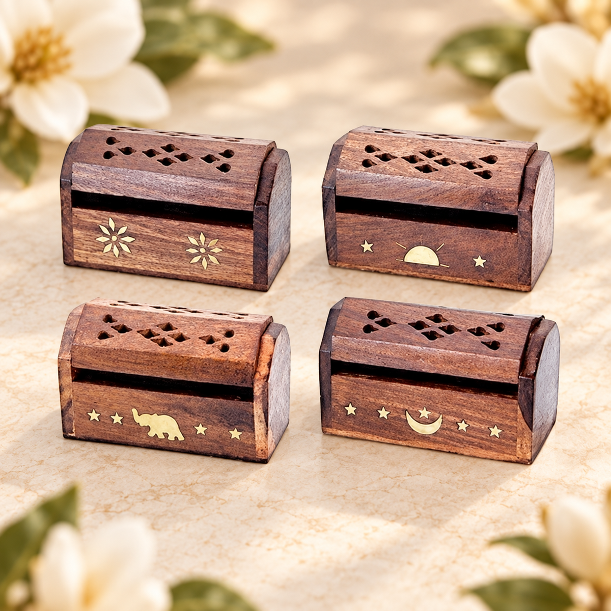 Mini Assorted Wooden Cone Incense Box Burners – Set of 4, 3 Inch