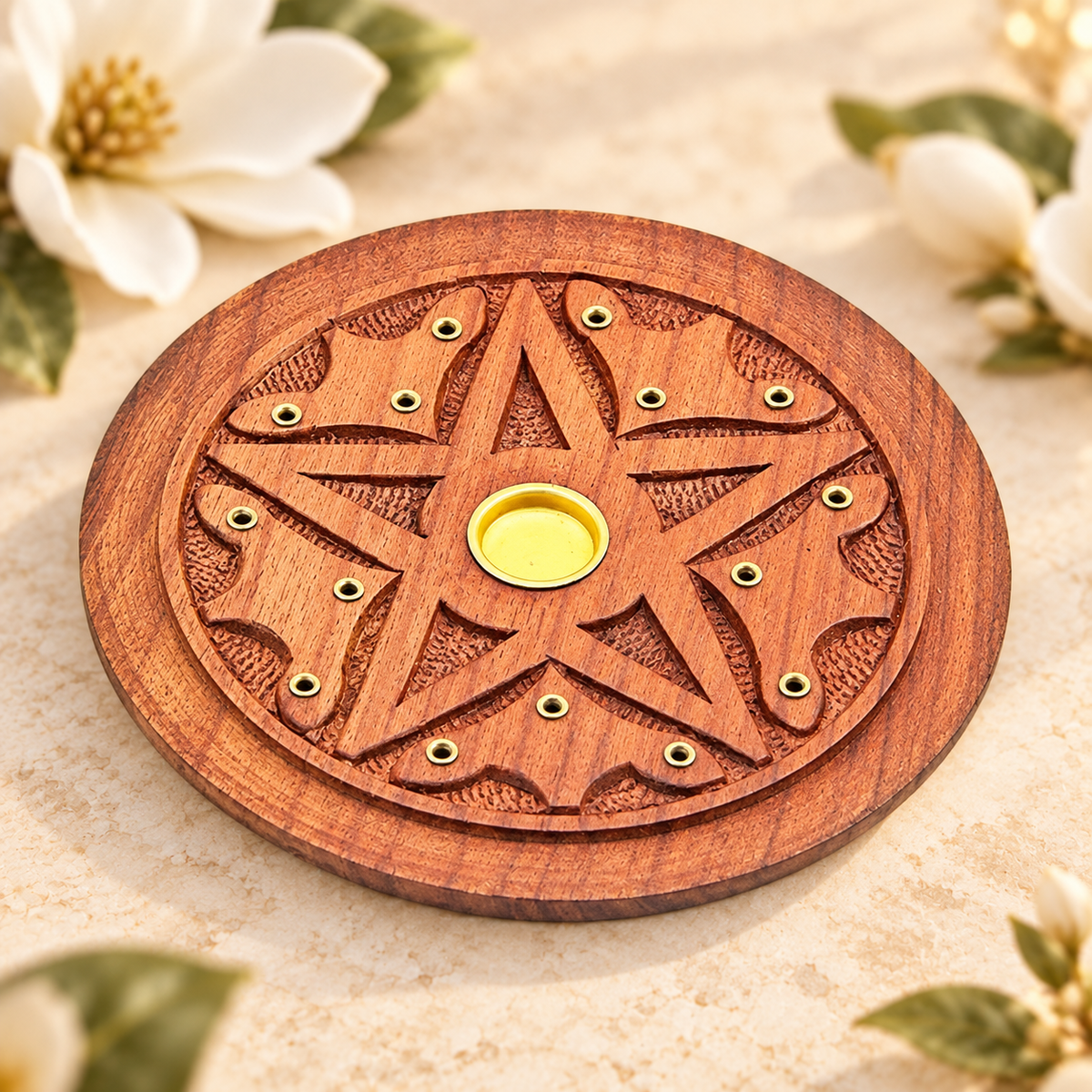 Pentacle Carved Wooden Incense Plate Burner – 5 Inch
