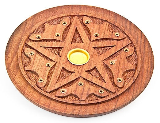 Pentacle Carved Wooden Incense Plate Burner – 5 Inch