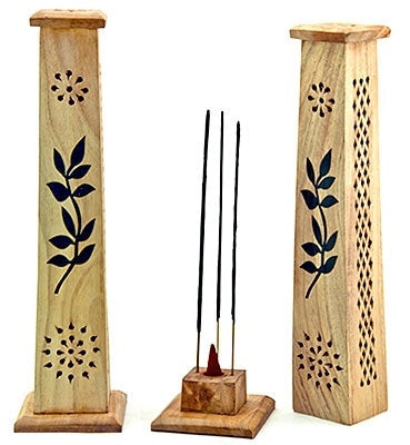 Floral Carved Wooden Incense Tower – 12 Inch