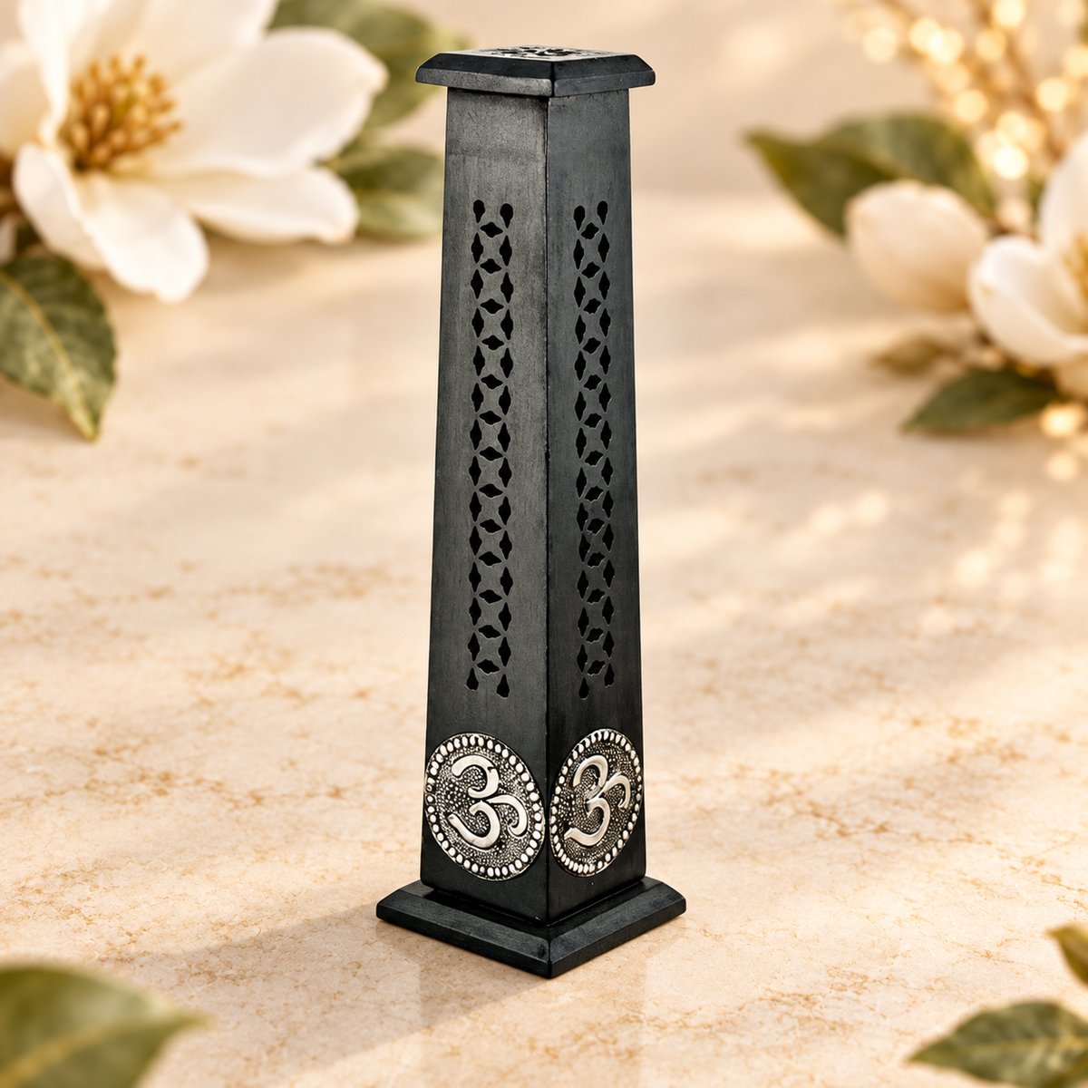 Black Om Symbol Wooden Incense Tower – 12 Inch