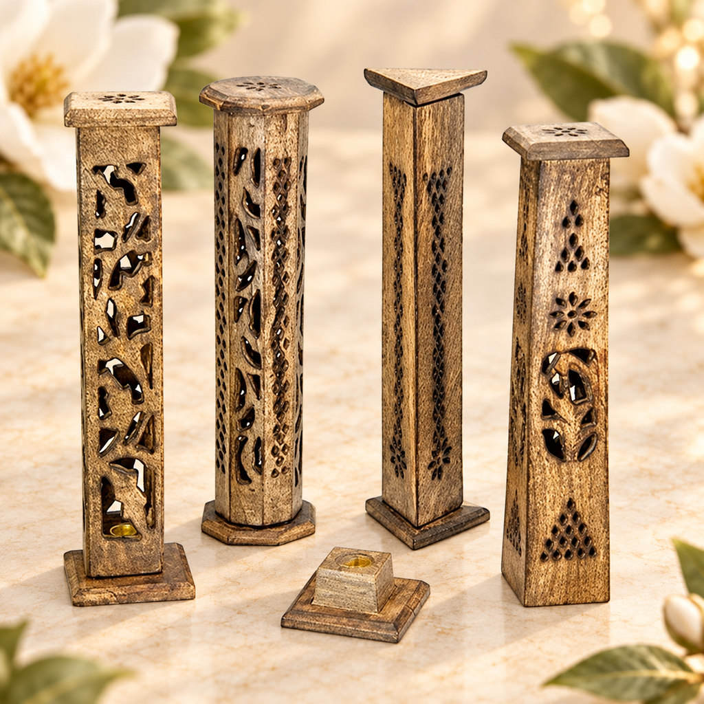 Assorted Wooden Incense Towers – Set of 4, 12 Inch