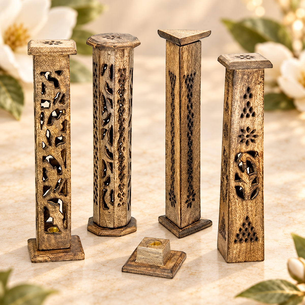 Assorted Wooden Incense Towers – Set of 4, 12 Inch