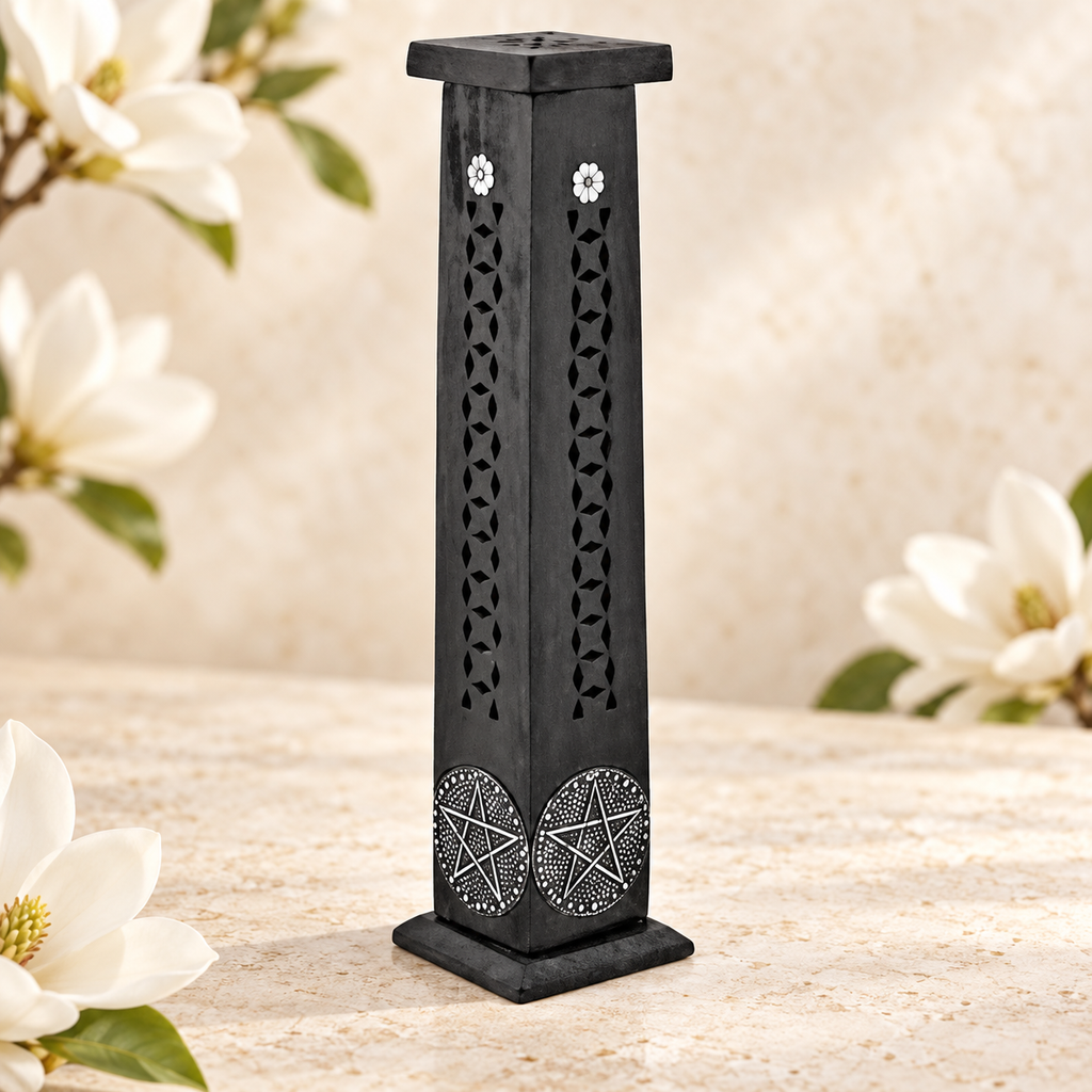 Dark Red Pentacle & Star Wooden Incense Tower – 12 Inch