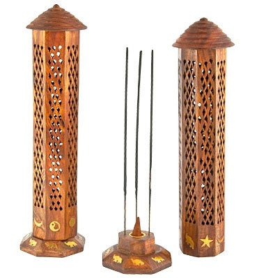 Brass Inlay Jali Wooden Incense Tower – 12 Inch