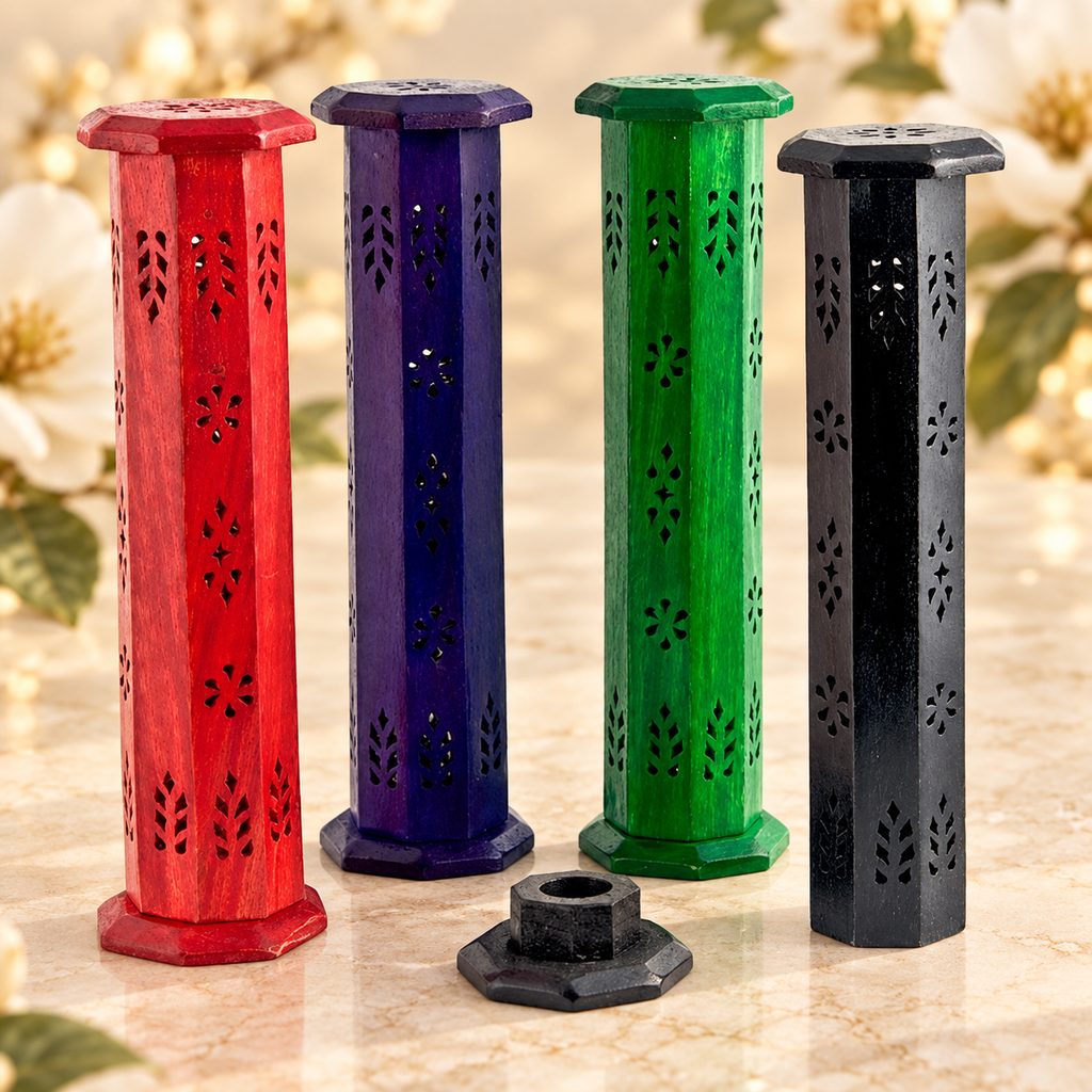 Assorted Design Wooden Incense Towers – Set of 4, 12 Inch