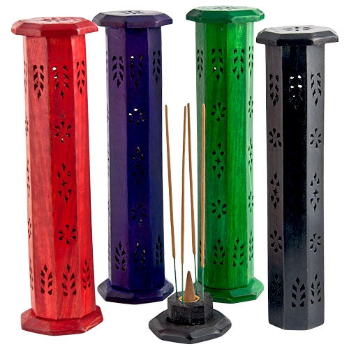 Assorted Design Wooden Incense Towers – Set of 4, 12 Inch