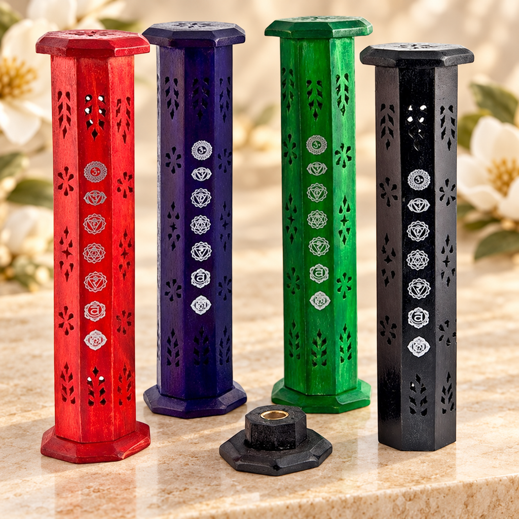 Seven Chakra Wooden Incense Towers – Set of 4, 12 Inch