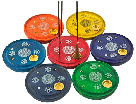 Chakra Flower of Life Wooden Incense Plate Burners – Set of 7, 4 Inch