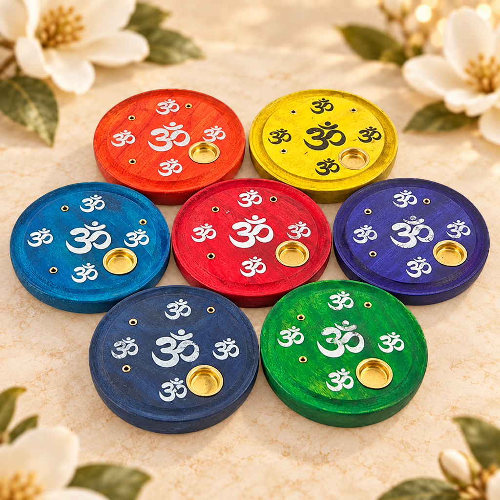 Chakra Om Symbol Wooden Incense Plate Burners – Set of 7, 4 Inch