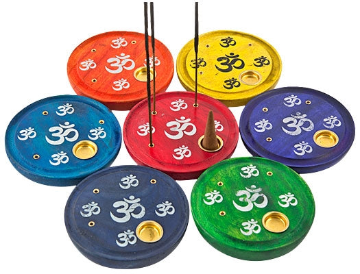 Chakra Om Symbol Wooden Incense Plate Burners – Set of 7, 4 Inch
