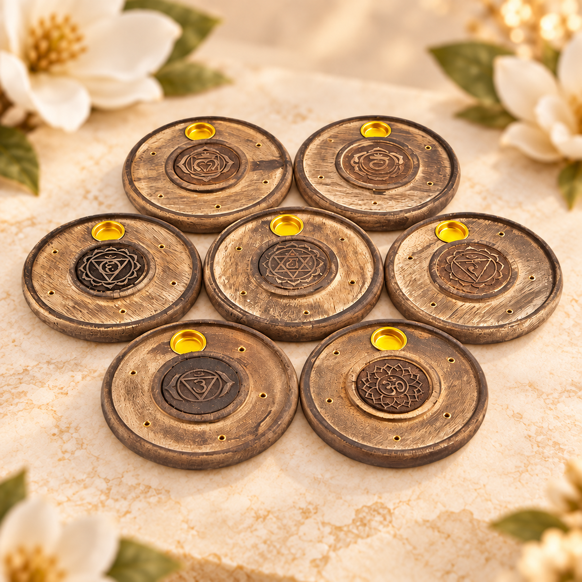 Chakra Wooden Stick & Cone Plate Burners – Set of 7, 4 Inch