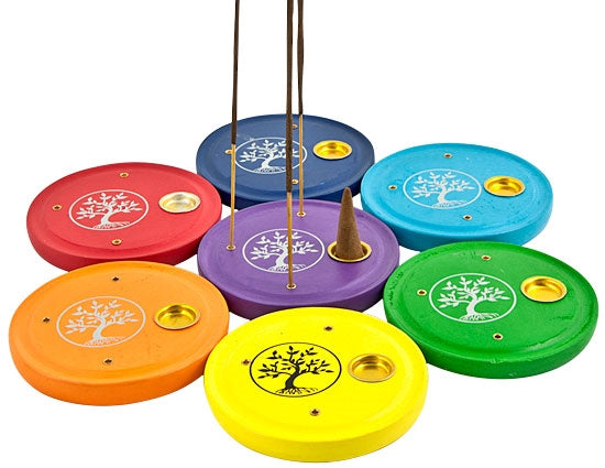 Chakra Tree of Life Wooden Incense Plate Burners – Set of 7, 4 Inch