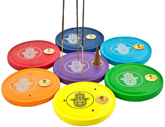 Chakra Hamsa Wooden Incense Plate Burners – Set of 7, 4 Inch