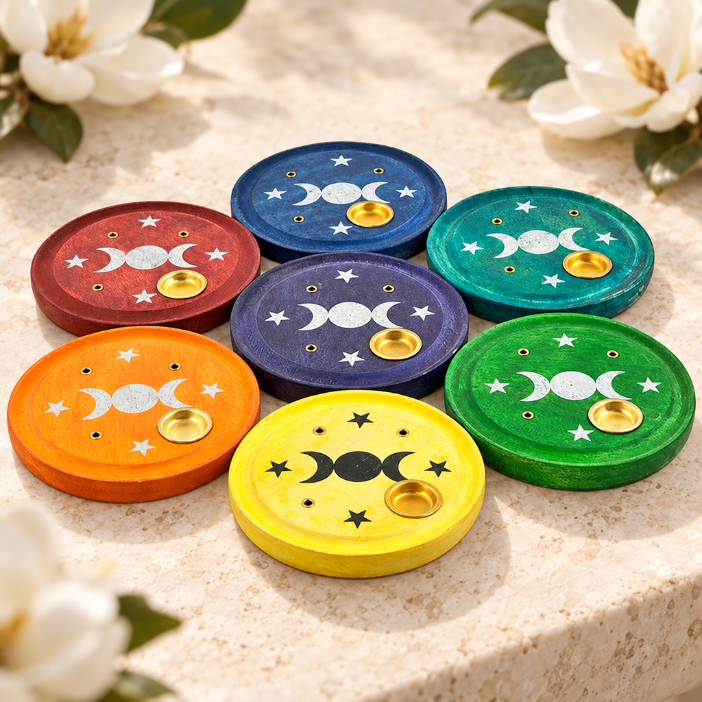 Chakra Triple Moon Wooden Incense Plate Burners – Set of 7, 4 Inch