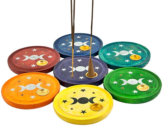 Chakra Triple Moon Wooden Incense Plate Burners – Set of 7, 4 Inch