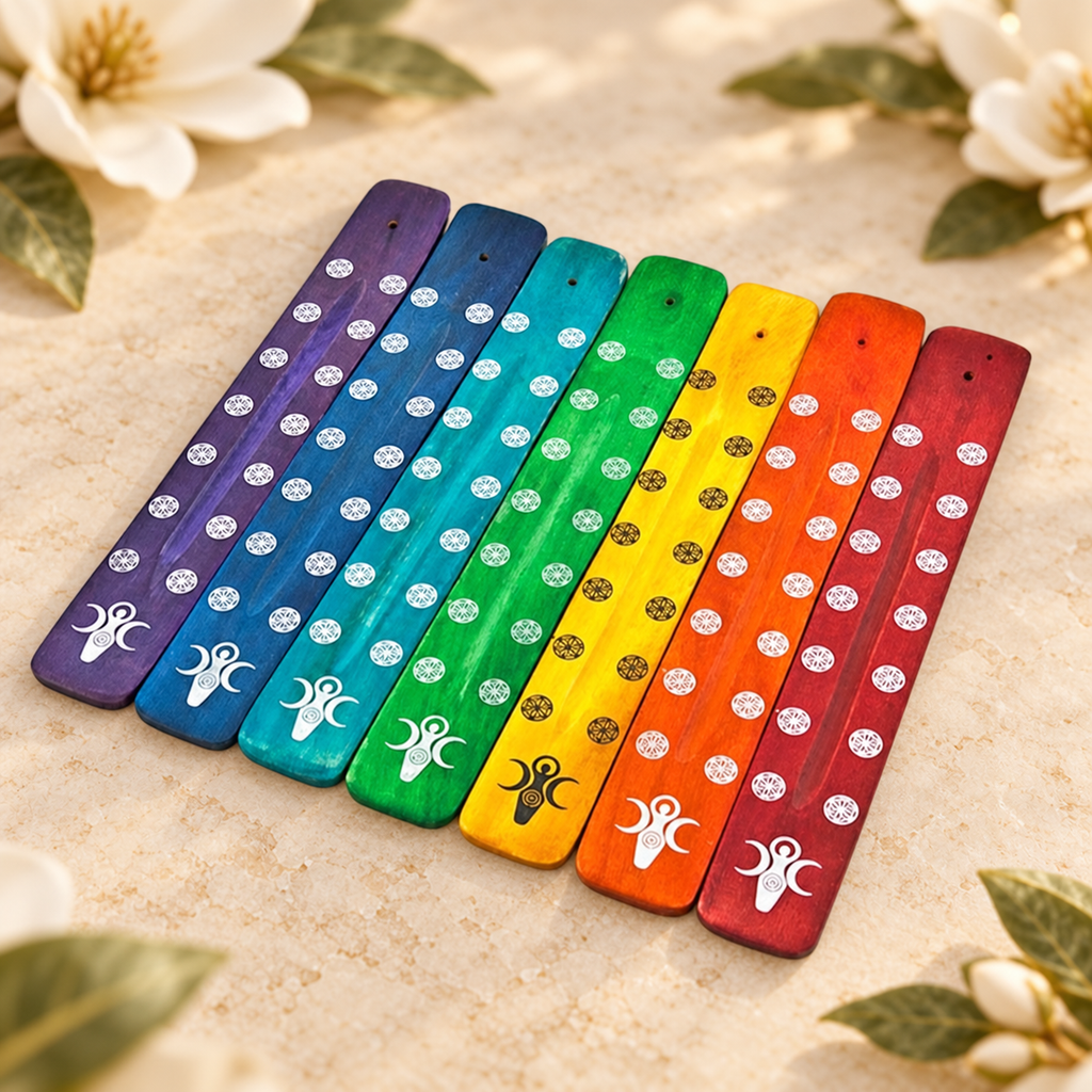 Chakra Earth Goddess Wooden Incense Stick Holders – Set of 7, 10 Inch