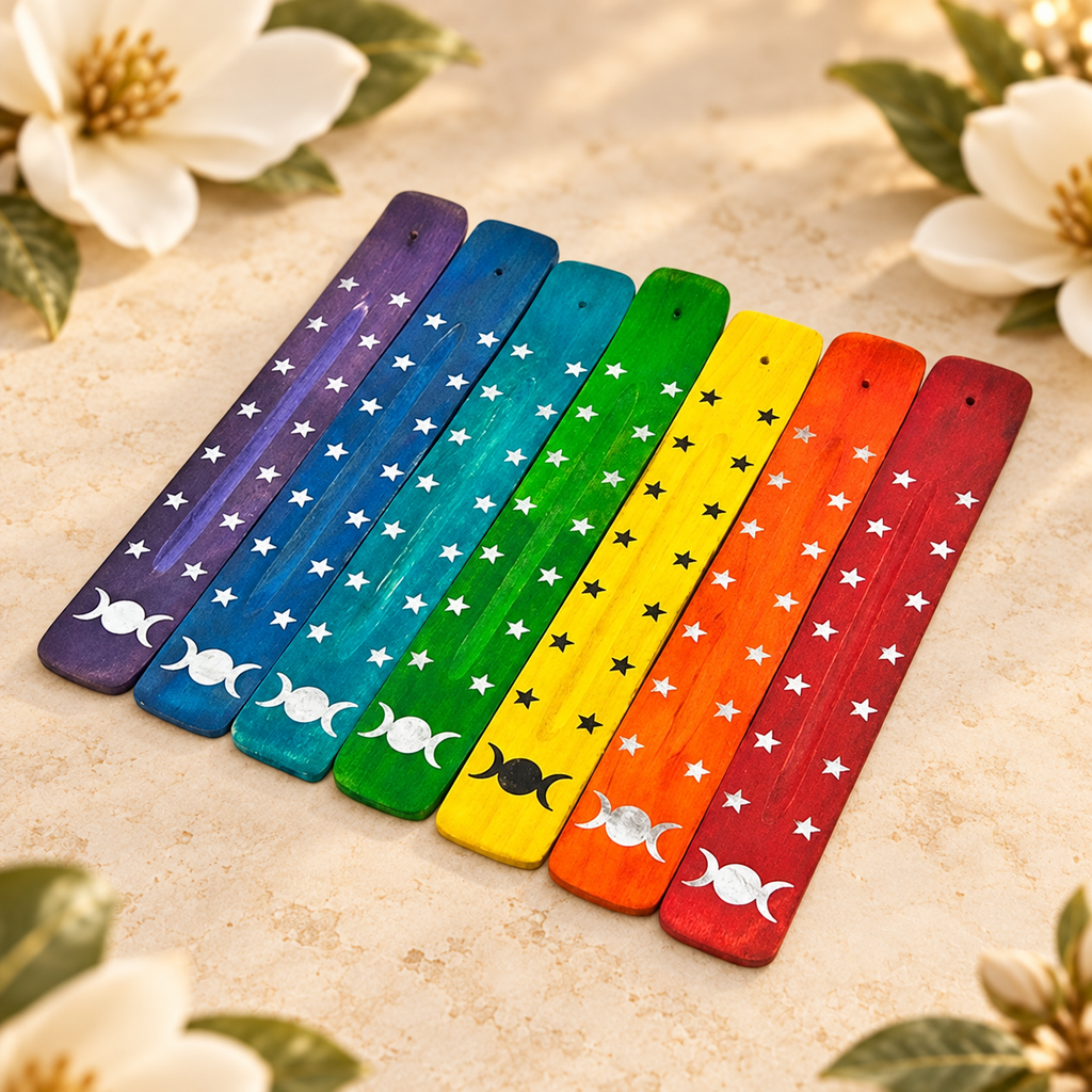 Chakra Triple Moon Wooden Incense Stick Holders – Set of 7, 10 Inch