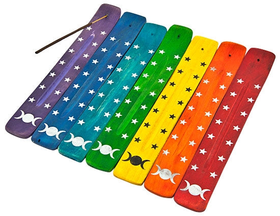 Chakra Triple Moon Wooden Incense Stick Holders – Set of 7, 10 Inch