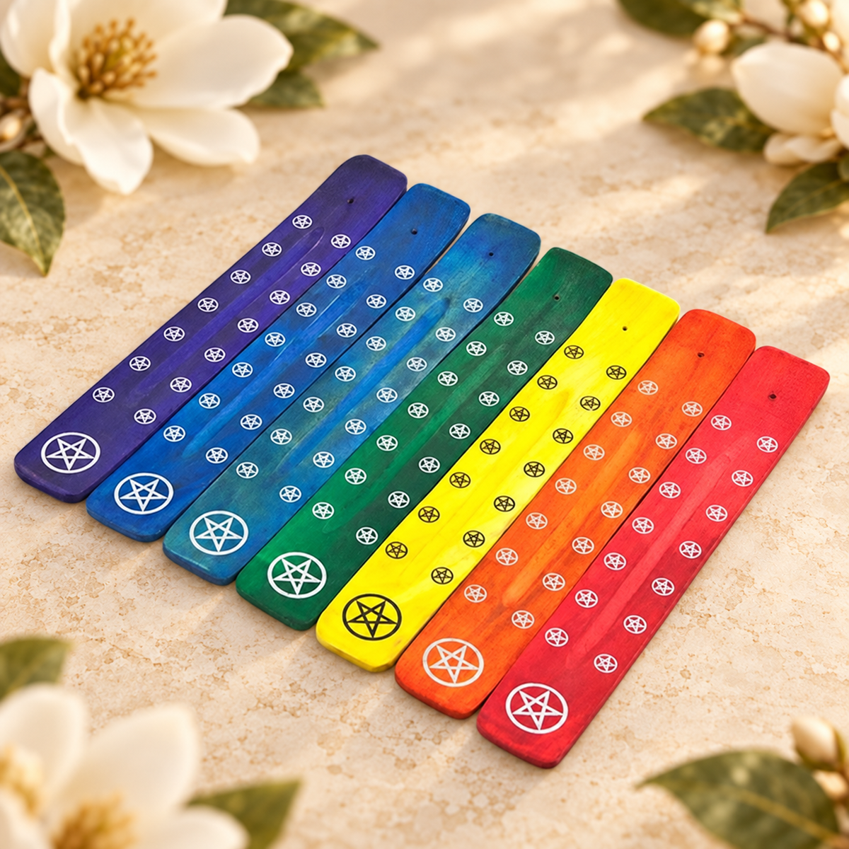 Chakra Pentacle Wooden Incense Stick Holders – Set of 7, 10 Inch