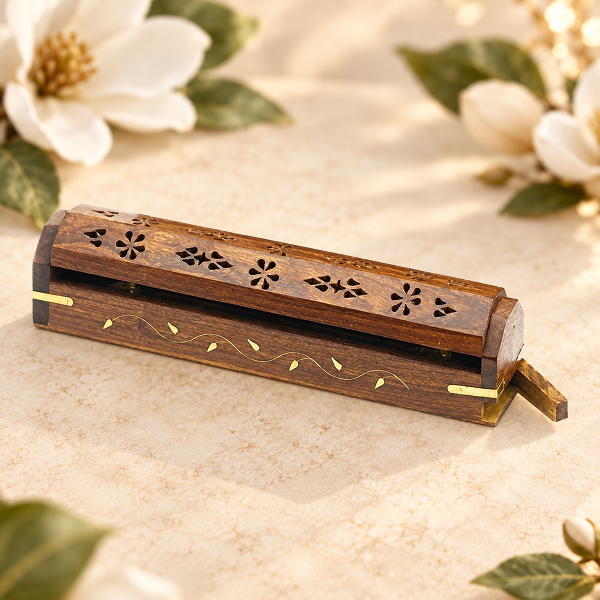 Leaf Carved Wooden Incense Box Burner – 12 Inch