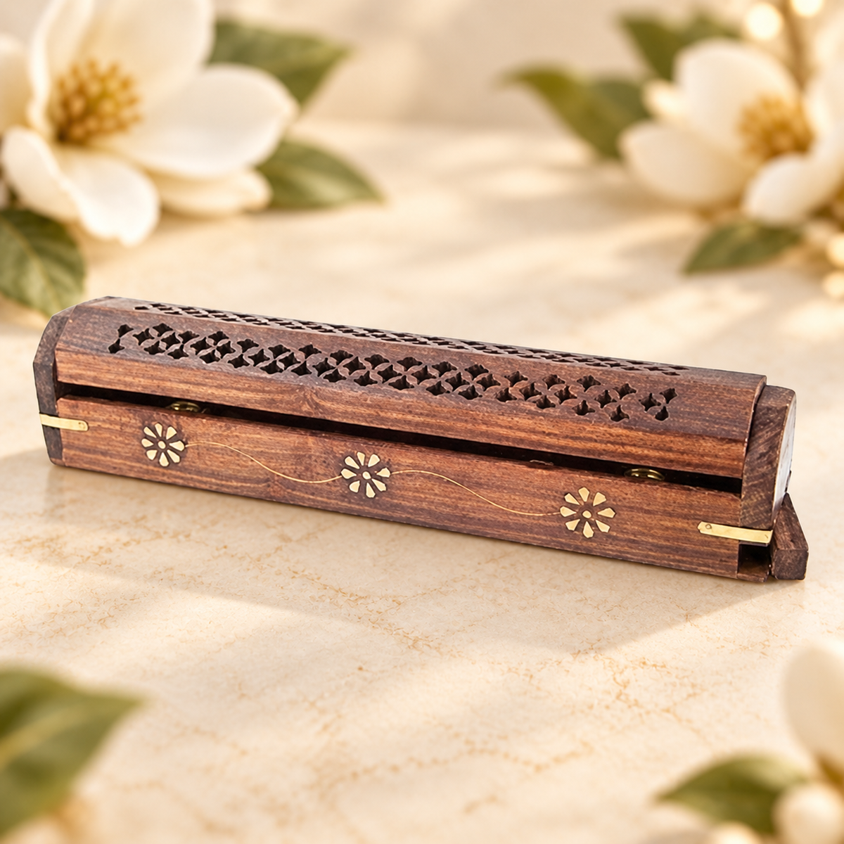 Floral Carved Wooden Incense Box Burner – 12 Inch