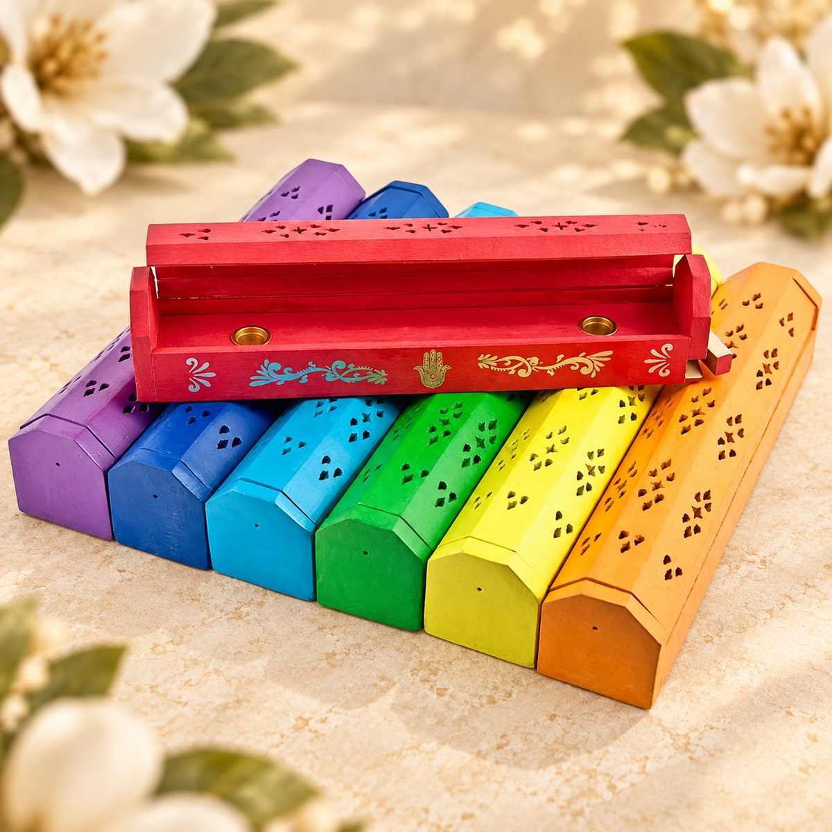 Chakra Hamsa Wooden Incense Box Burners – Set of 7, 12 Inch