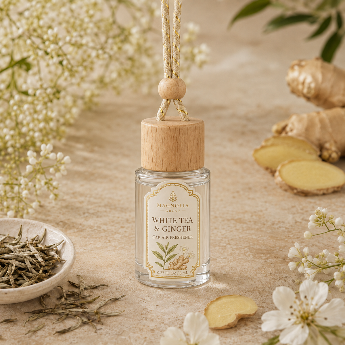White Tea & Ginger Car Air Freshener — 8 mL glass bottle with wood cap